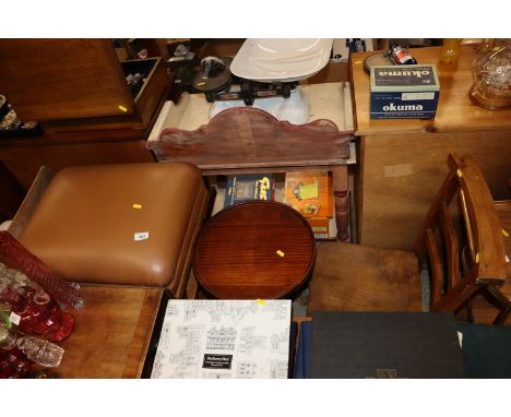 A leatherette upholstered stool; a stripped pine two tier occasional table; a circular mahogany tripod table; a pine ladder b