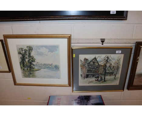 Continental pencil signed limited edition coloured print of a Continental street scene and another depicting the Thames at Wi