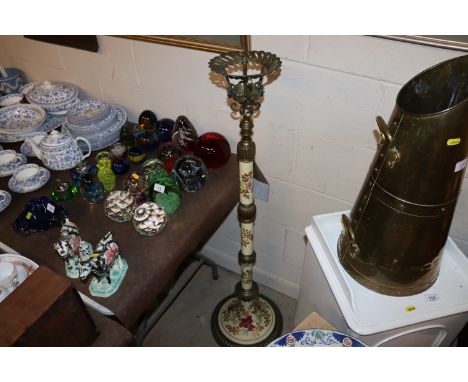 A brass and china Edwardian lamp standard