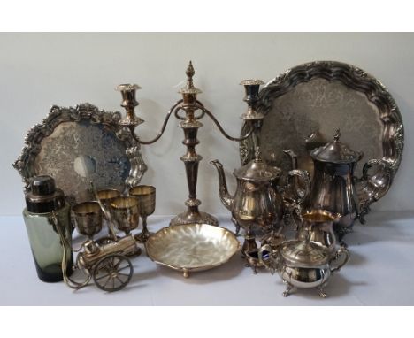 GOOD SELECTION OF SILVER PLATED ITEMS
including a three branch candelabra; a shaped salver; a WMF Ikora wavy rimmed dish; a b