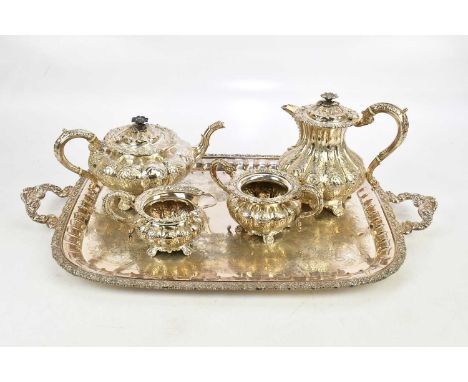 X A good quality silver plate on copper five piece tea service comprising teapot, hot water pot, each with ivory insulators, 