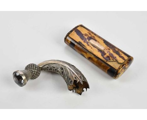 A Victorian hallmarked silver powder horn terminal with clear circular stone, Edinburgh 1883, and a 19th century tortoiseshel
