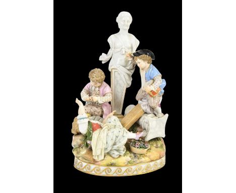 MEISSEN; a 19th century porcelain figure group representing two children playing on a seesaw beside a further child, a broken