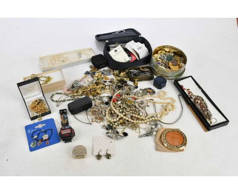 A collection of costume jewellery comprising necklaces, cufflinks, pen nibs, rings, bracelets, etc (qty).