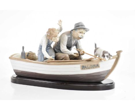 LLADRÓ; a large figure group, 'Fishing with Gramps', length 40cm, mounted on wooden plinth base.