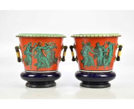 A pair of Victorian ceramic jardinières on stands, each with moulded oval handles, and transfer printed with classical scenes