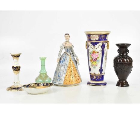 SITZENDORF; a figure of Catherine de' Medici, height 27cm, a large Noritake vase with moulded handles and floral decoration, 
