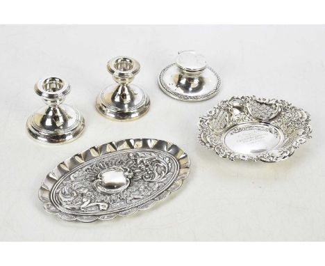 W I BROADWAY & CO; a pair of Elizabeth II hallmarked silver squat candlesticks, Birmingham 1986, a hallmarked silver oval bon