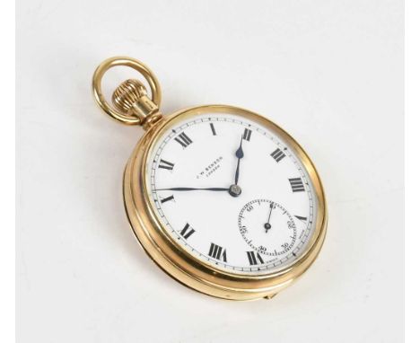 J. W. BENSON; a 9ct yellow gold cased open face crown wind pocket watch, the white enamel dial set with Roman numerals and su