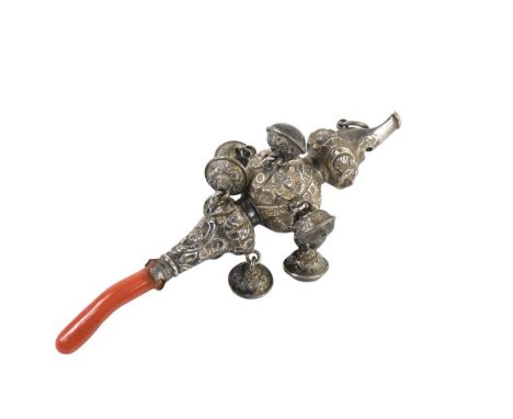 A 19th century hallmarked silver and coral baby’s rattle, with all over floral detailing, hung with nine bells, with coral te