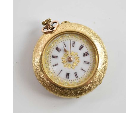 A 14ct yellow gold floral enamel decorated crown wind fob watch, with Roman numerals set to the circular dial and with unmark
