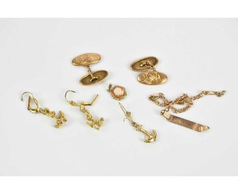 A 9ct yellow gold identity bracelet (af), pair of 9ct cufflinks, approximate weight 5.4g, three yellow metal earrings and a p