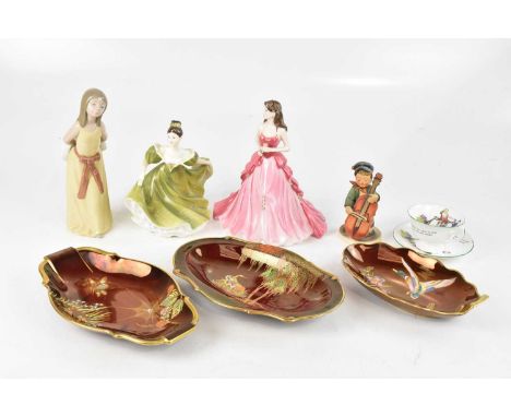 ROYAL DOULTON; a figure HN2329 'Lynne', a Coalport figure 'Ruby Anniversary', Lladro figure of a girl holding a hat, Shelley 