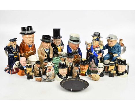 A collection of character jugs relating to Winston Churchill, including a Kevin Francis ceramic model 'Winston Spencer Church