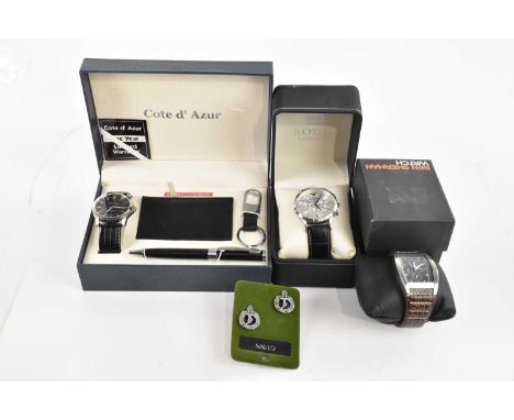 EMPORIO ARMANI; a gentleman's quartz wristwatch, with a Ben Sherman wristwatch and a Cote d'Azur watch, pen, card holder and 