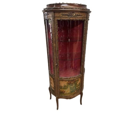 A French reproduction bowfront vitrine, with glazed door enclosing two glass shelves, above Vernis Martin style panels, on sc