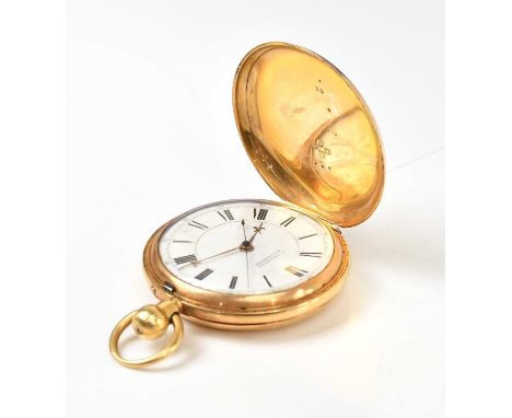 S GOLDSTONE, MANCHESTER; an 18ct gold crown wind full hunter pocket watch, the enamel dial set with Arabic and Roman numerals