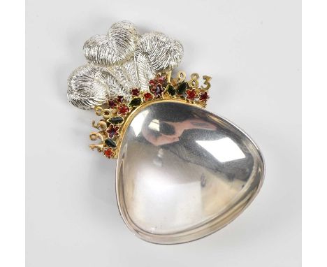 STUART DEVLIN; an Elizabeth II hallmarked silver royal commemorative caddy spoon, London 1983, approximate weight 1.13ozt/ 35