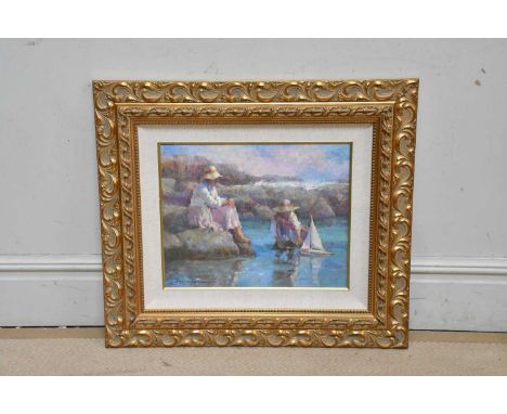 RUSSIAN SCHOOL; oil on canvas, children playing with pond yacht, indistinctly signed lower left, 40 x 50cm, framed.