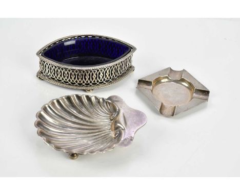 SAMUEL WALTON SMITH; a Victorian hallmarked silver boat shaped open salt, with pierced border and blue glass liner, Birmingha