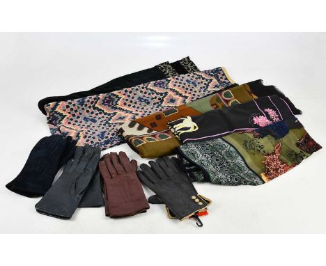 Six vintage scarves including a Liberty silk scarf, Cornelia James silk squares and four pairs of unused lady's leather glove