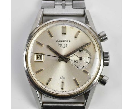 HEUER; a gentleman's Carrera stainless steel wristwatch, the silvered dial set with batons and two subsidiary dials, on an as