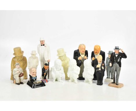 A collection of ceramic and plaster figures, each of Winston Churchill, including a bulldog Winston Churchill, Royal Doulton,