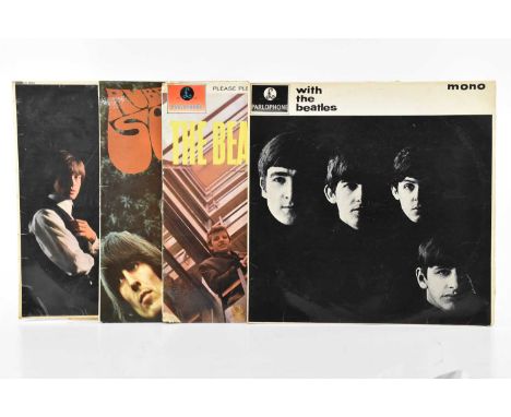 THE BEATLES; three vinyl records, 'Rubber Soul', 'Please Please Me' and mono 'With The Beatles', also a Rolling Stones LP, mo