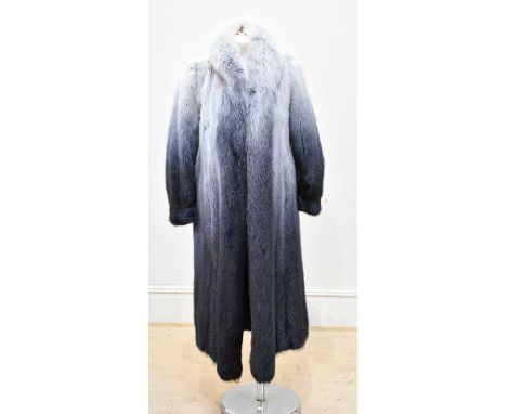 A full length blue mink coat, with fox fur trim on collar and cuffs, fully lined, with hook and eye closures, approx 40" ches