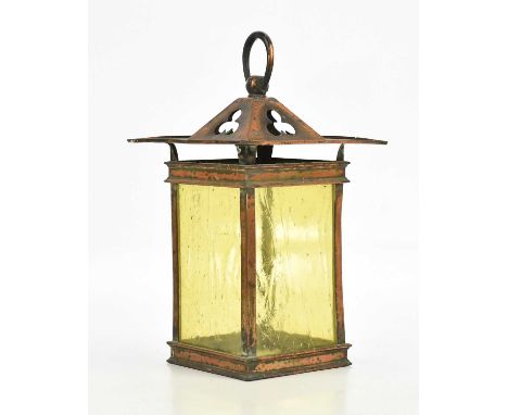 An Arts and Crafts copper plated hanging lantern with glass panels, height 38cm.Condition Report: Tarnishing throughout, what