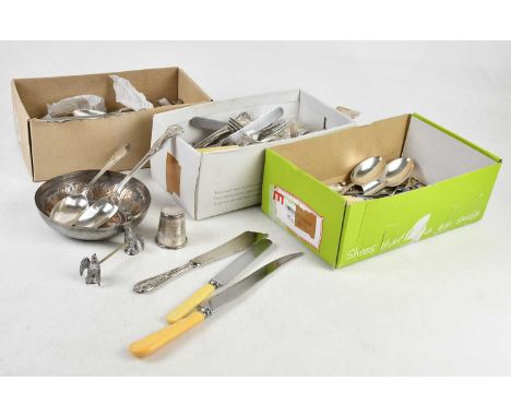 A large quantity of assorted silver plated flatware, Eastern style copper dish, thimble, etc (qty).