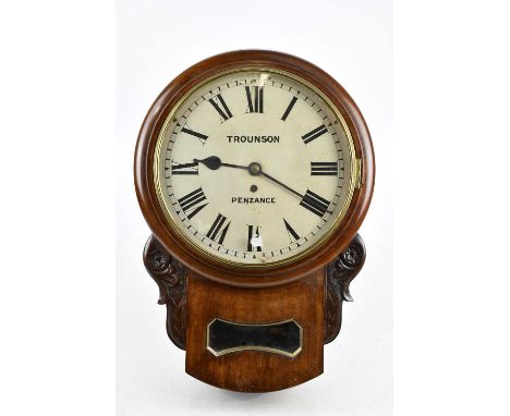 TROUNSON; a 20th century mahogany cased fusée movement wall clock, with enamel dial set with Roman numerals, length 55cm.