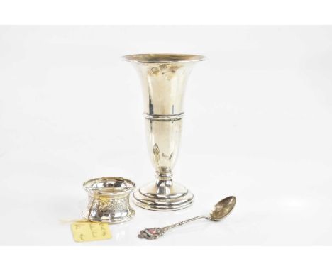 An Elizabeth II loaded hallmarked silver trumpet vase, Birmingham 1965, height 30cm, a George V hallmarked silver napkin ring