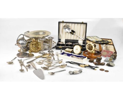 A small collection of assorted silver plate including bread basket, salver, flatware, small quantity of coins including crown