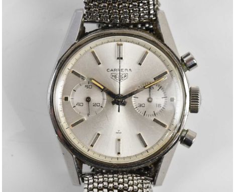 HEUER; a gentleman's stainless steel Carrera wristwatch, the silvered dial set with Roman numerals and two subsidiary dials, 