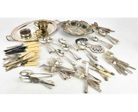 A collection of assorted silver plate, predominantly flatware, including mother of pearl handled forks, a twin handled tray, 