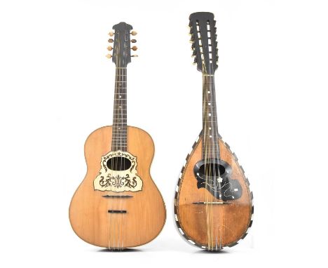 A Sicilian ebonised and mother of pearl inlaid mandolin, with a further mandolin with transfer printed back depicting a maide