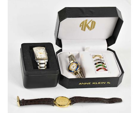 EMPORIO ARMANI; a tank style stainless steel watch, 34mm, in original box with paperwork, an Anne Klein lady's round stainles