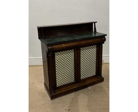 A 19th century rosewood chiffonier, with green marble top above cushioned drawer and pair of mesh fronted doors, width 110cm,