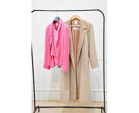 AQUASCUTUM; a 100% cashmere fully lined camel coloured single-breasted lady's coat, with large front collar, fully lined, siz