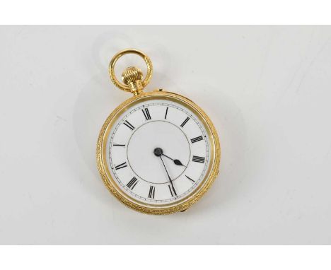 An 18ct yellow gold crown wind fob watch, with Roman numerals to the white enamel dial, gold cuvette and movement signed 'Wil