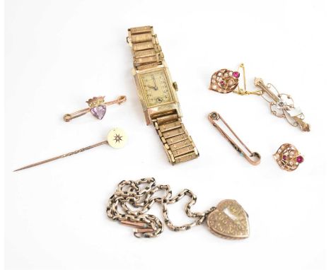 A gentleman's Art Deco gold plated wristwatch, the dial set with Arabic numerals, width 18mm, three Victorian brooches includ