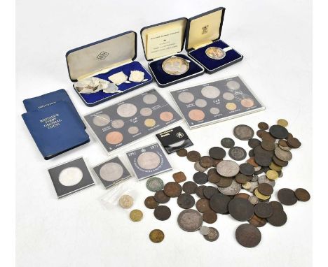 A collection of coins and medallions, including hallmarked silver Apollo 11 Man's First Moon Landing medallion, Prince Charle