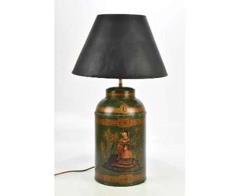 A Victorian style reproduction green painted metal tea caddy lamp, with Chinoiserie decoration, height including fitting 48cm