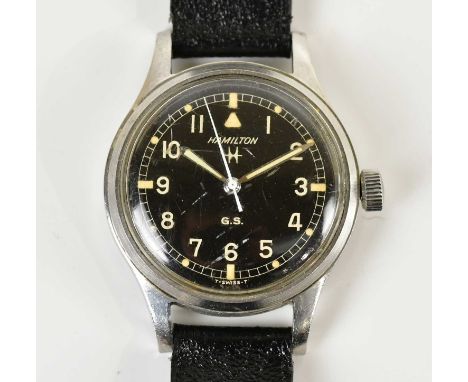 HAMILTON; a gentleman's general service 'GS' military stainless steel wristwatch, the black dial set with Arabic numeral, dia