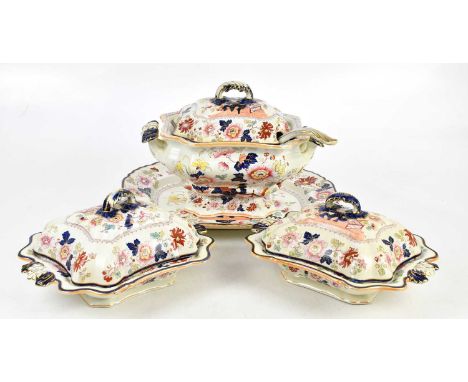 ASHWORTH BROTHERS; a late 19th century ironstone tureen, cover and ladle on meat plate, and two further smaller tureens. 