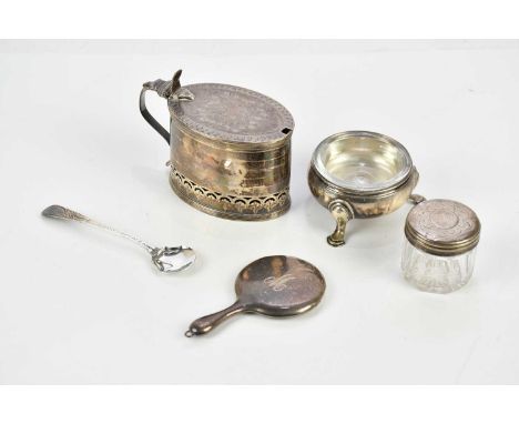 HENRY CHAWNER; a George III hallmarked silver oval mustard pot, with blue glass liner London 1792, with associated spoon, hal