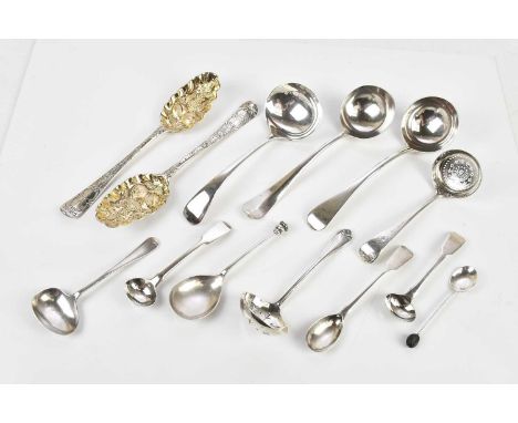 A pair of Georgian hallmarked silver berry spoons, with repoussé bowls and cast handles, and assorted hallmarked silver flatw