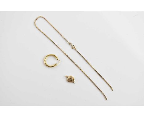 A 9ct yellow gold chain (af) and a 9ct yellow gold heart shaped pendant, combined approx 7.2g, and a single 18ct yellow gold 