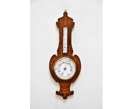 A Victorian inlaid walnut aneroid wheel barometer, height 86cm.